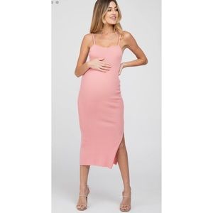PINKBLUSH Pink ribbed square neck side slit maternity midi dress